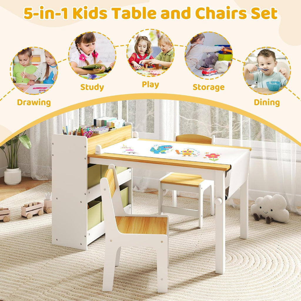 Kids Art Table & Chair Set, Wood w/Storage & Paper Roll, Natural