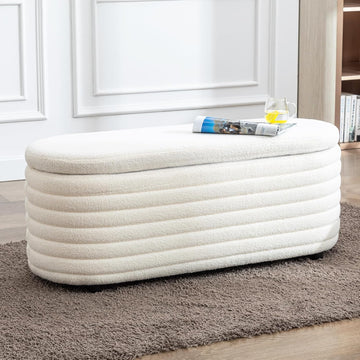 45.5" Storage Teddy Ottoman Bench Upholstered Fabric Bench Hidden Storage Chest with Slow-Close Safety Hinge , White