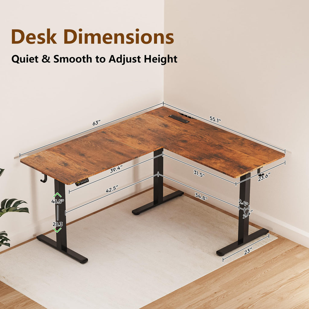 63 x 55 Inch L-Shaped Standing Desk, Electric Corner Workstation Brown