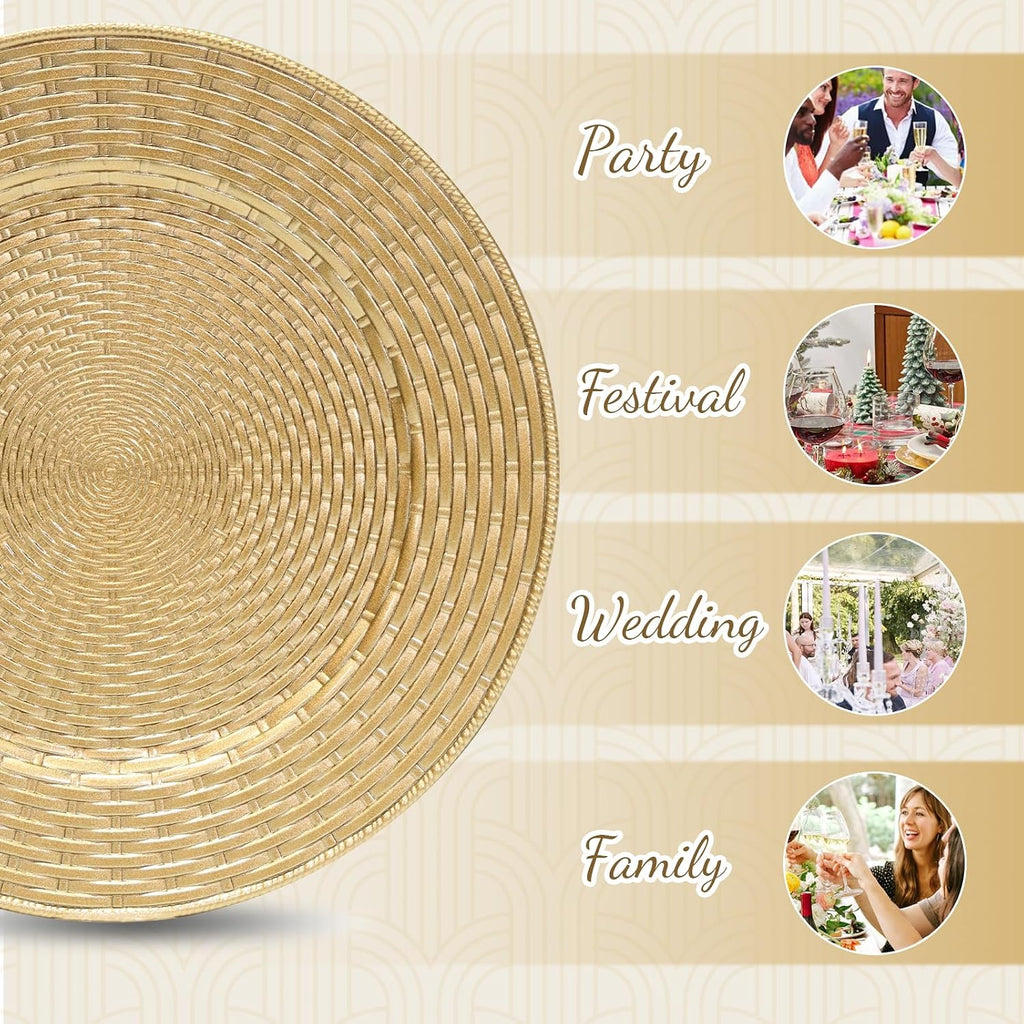 Faux Rattan Charger Plates, Round Gold Plate Chargers - Set of 12