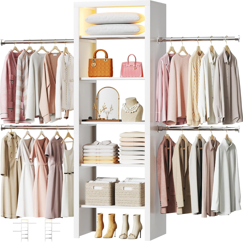 100'' Closet System with 4 Hanging Rods & LED Lights, 2-8 FT Wood Closet Organizer Systems with 5 Shelves, 6 Height