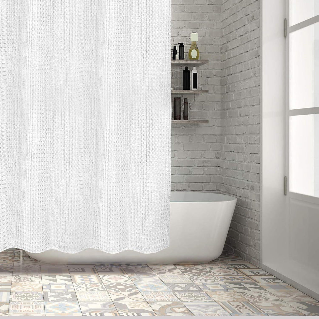 White Waffle Weave Shower Curtain, Heavyweight 100% Cotton Fabric, Luxury Hotel Spa Quality, 72 x 72