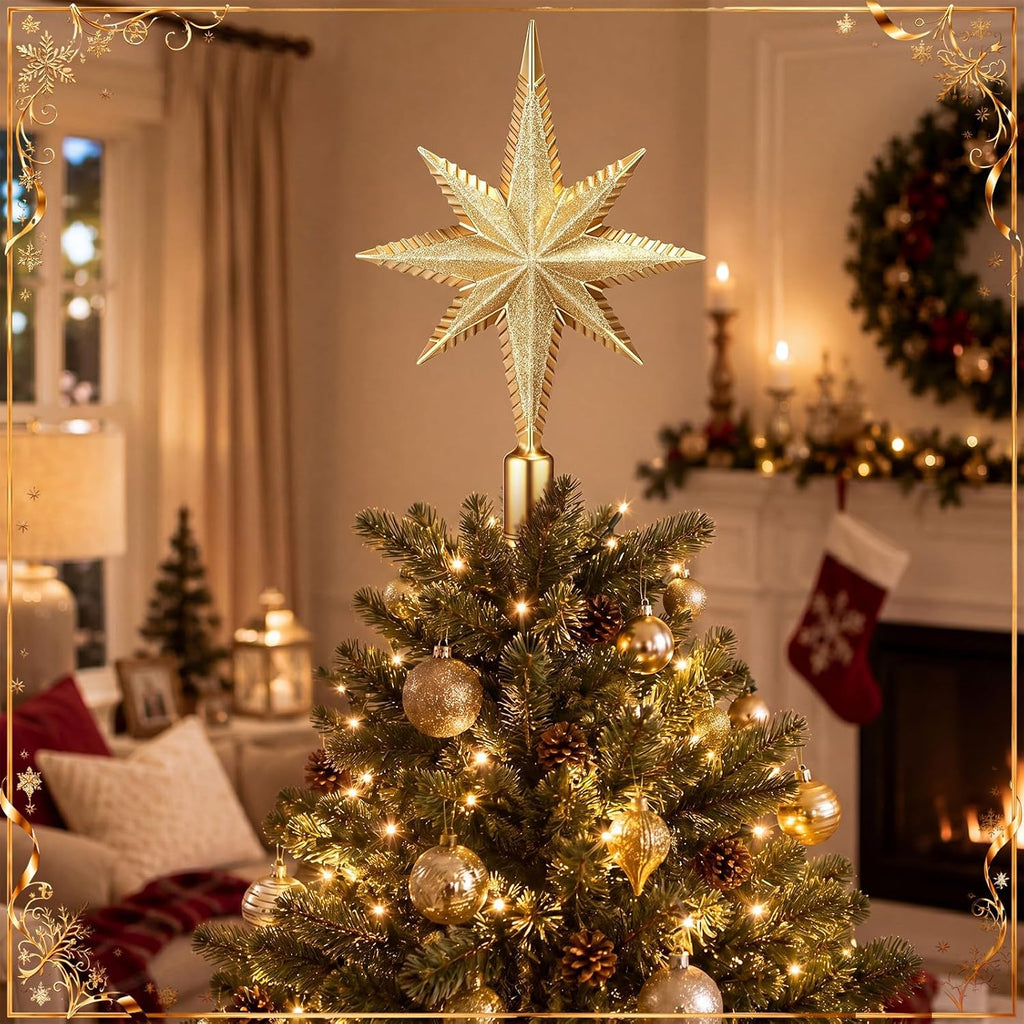 Christmas Bethlehem Star Tree Topper 8 Inch Gold Glitter