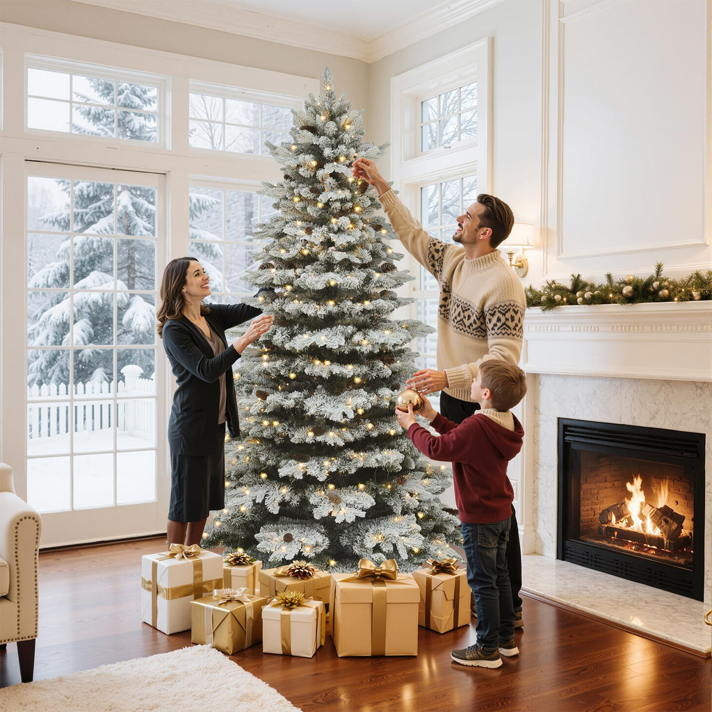 9FT Pre-Lit Pre-Decorated Flocked Mountain Pine Christmas Tree