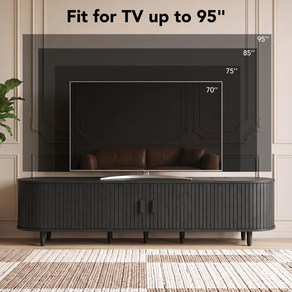 90" TV Stand with Sliding Doors, Mid Century Modern Entertainment Center, TV Console with Fluted Door Cabinets and