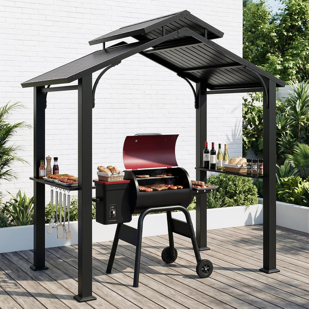 8’x5’ Grill Gazebo, Outdoor BBQ Hardtop Gazebo with Galvanized Steel Double Roof