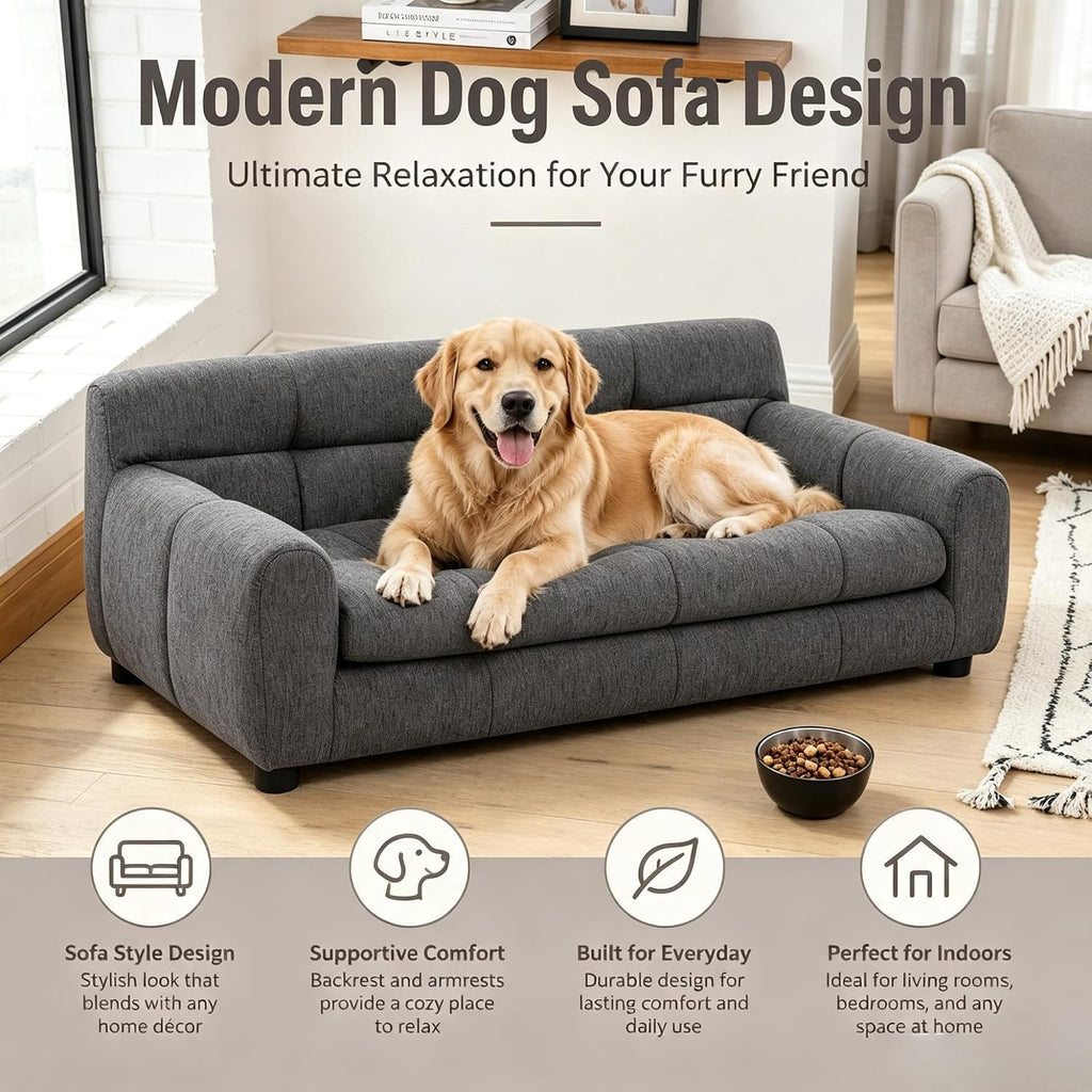 Dog Sofa Bed, Large Dog Bed with Backrest and Armrests, Dark Gray