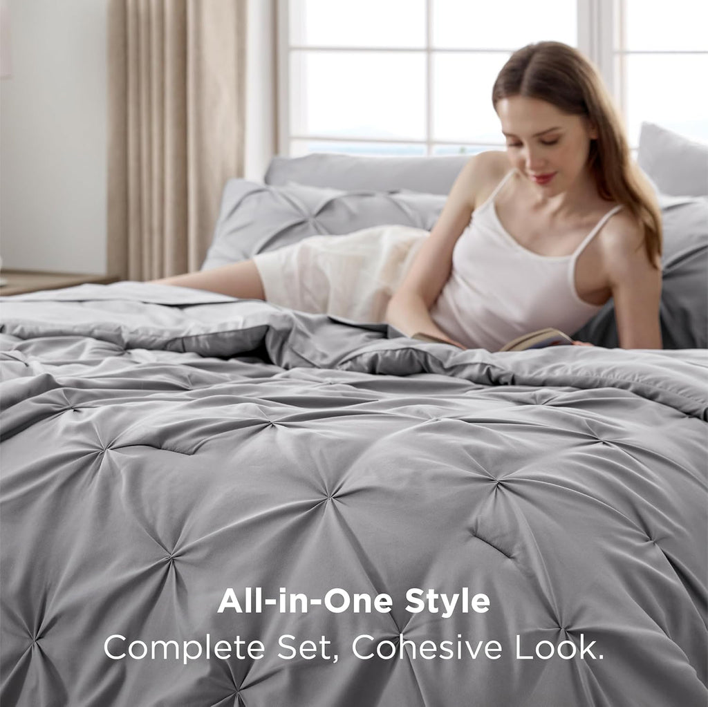Queen Comforter Set Grey - Bed in a Bag Queen Bedding 7 Pieces, GentleSoft Pintuck Bed Set Gift for Family