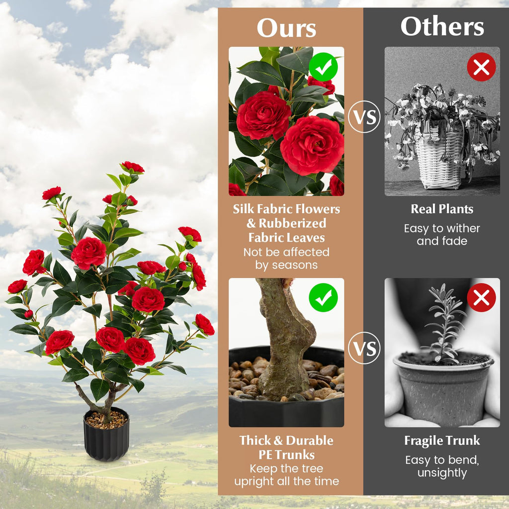 Artificial Camellia Tree Set of 2, 38" Tall Potted Plants Artificial Decoration w/Cement Pot, 24 Flowers, Decorative