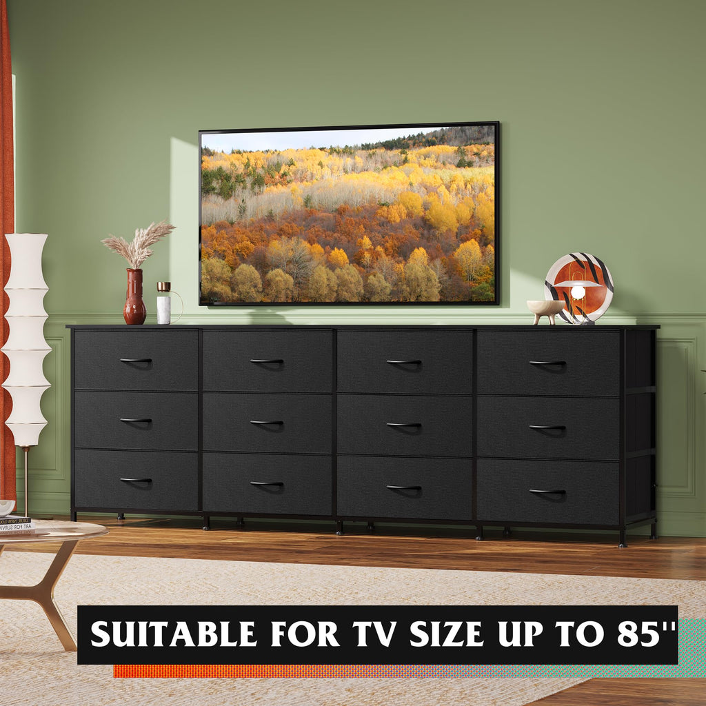 Long Dresser TV Stand for 85 Inch TV, 12 Drawer Dresser, Black