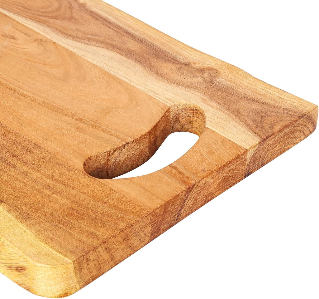 Acacia Wood Cutting Board with Oval Handle 14 x 11 Inch | Live Edge Cheese Board, Charcuterie Tray, Chopping and