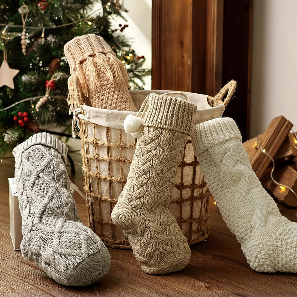 Personalized Knitted Christmas Stockings: 4 Pack 18 Inch Cable Knit Christmas Stockings, Cozy Hanging Xmas Stockings - Set of 4