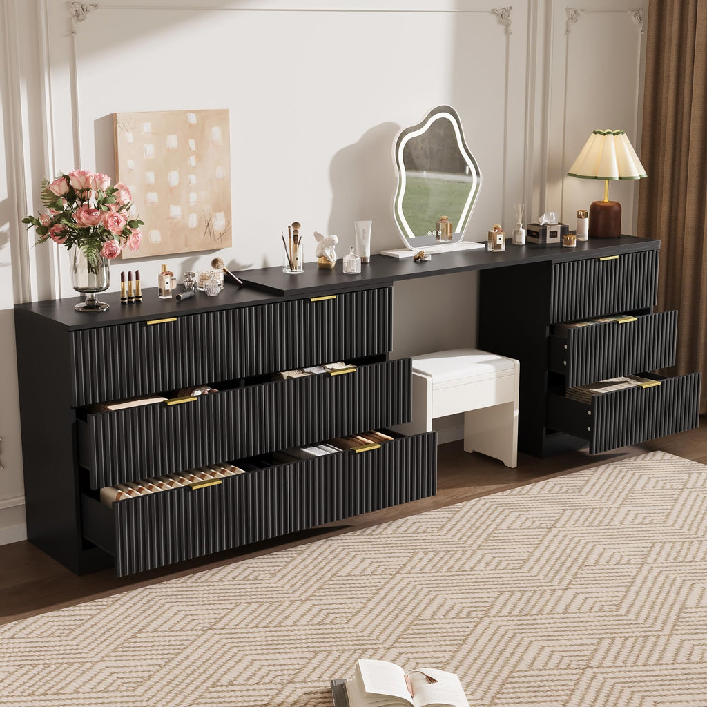 L-Shaped Rotatable 9 Drawer, 71" Wide Deformable Black with Gold Metal Handles, Modern Fluted Chest of Drawers