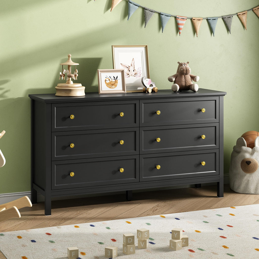 55'' Black Dresser with 6 Drawers, Wood Dressers Elegant Modern Chest of Drawer with Gold Handles Wood Legs, Large