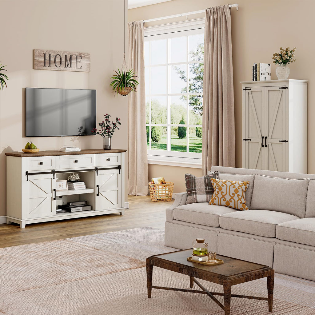 59" Farmhouse TV Stand with Storage Drawers, White & Barnwood