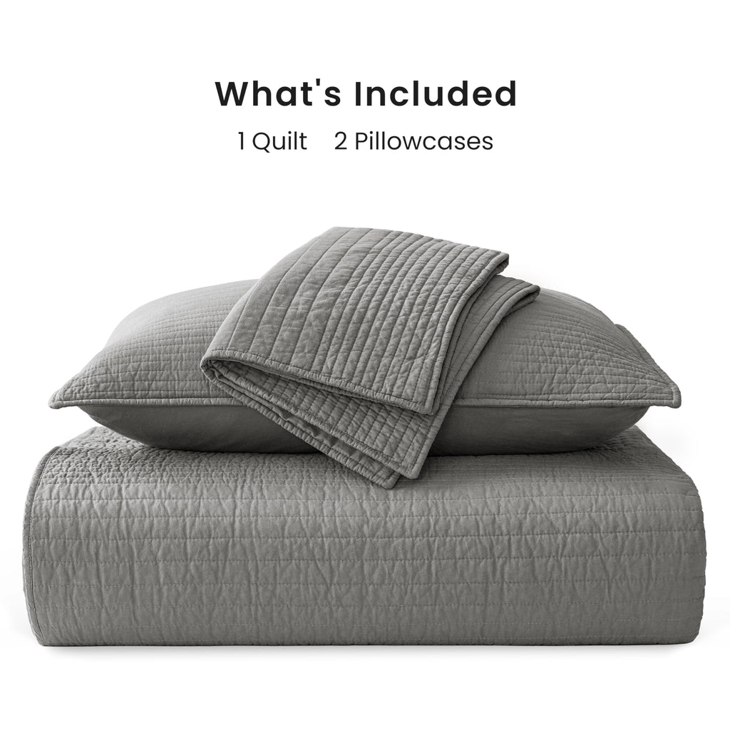 Cotton Quilt Set, 100% Cotton Fabric Striped Textured Coverlet with Crinkled Look, Lightweight Quilted