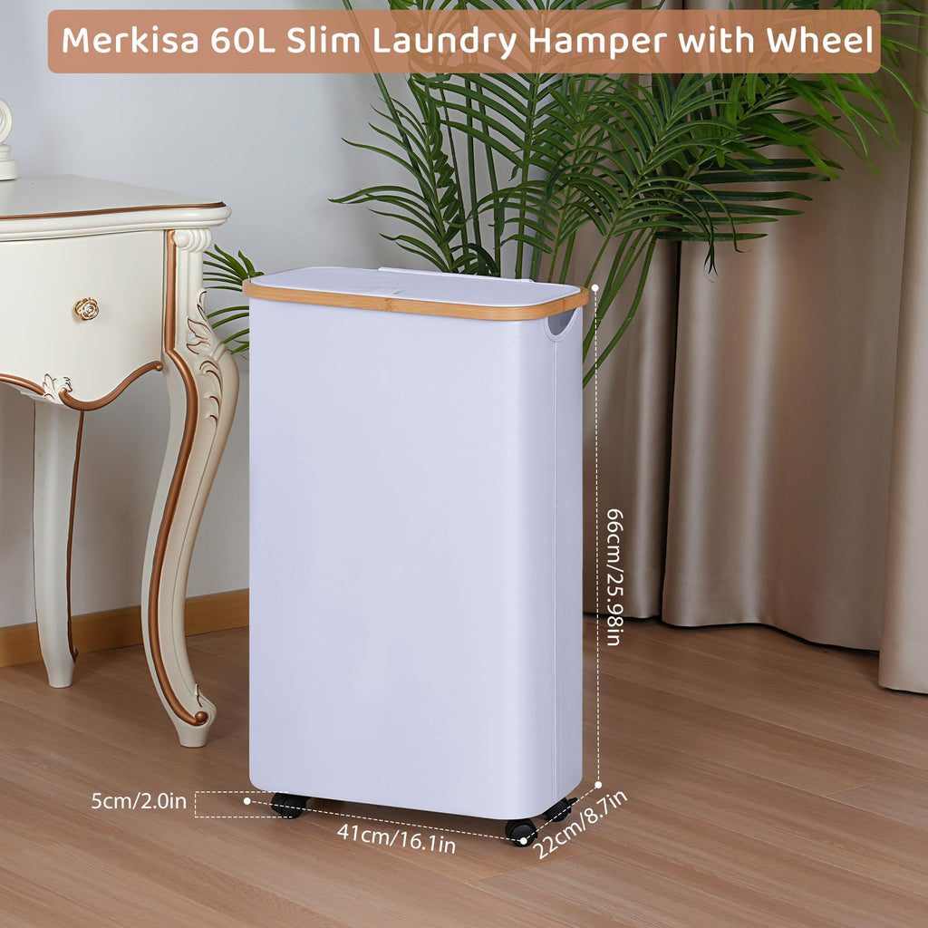 Slim Laundry Basket with Wheels,Narrow Hampers for Laundry(60L White)
