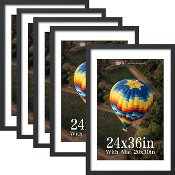 24x36 Frame 5 Pack, Black Solid Wood 20x30 Mat, for Picture | Wide Border, Acid-Free Mat, 24x36 Poster Frame, Wall