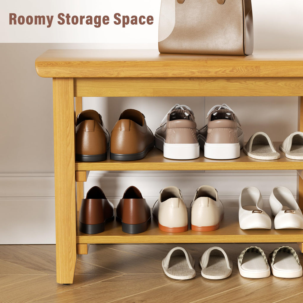Shoe Rack Bench Mid Century Modern 2-Tier Shoe Rack Organizer Hallway or Living Room Farmhouse Rustic Wooden Seat