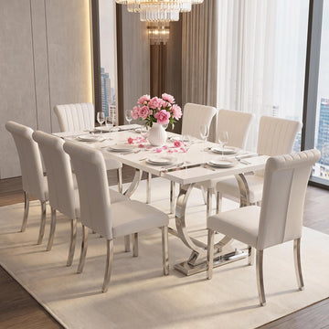 9 Piece Dining Table Set, Luxury White and Silver Dining Room Table Set with 78 inch Rectangular Dining Table and 8