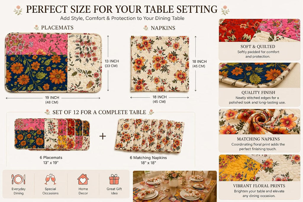 12-Piece Quilted Patchwork Placemats & Floral Napkins | 13 x 19 in mats, 18 x 18 in napkins, reversible, machine