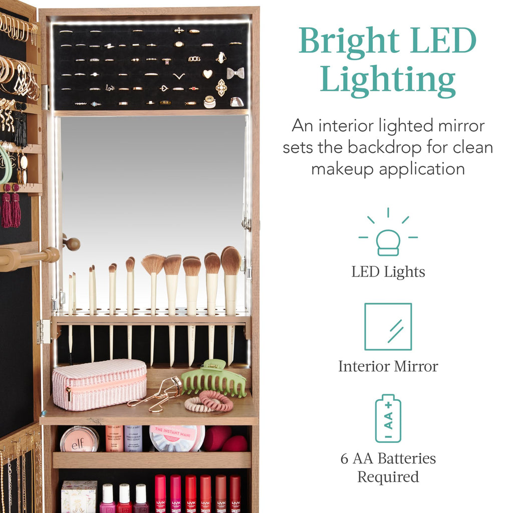 LED Mirror Jewelry Cabinet, Tall Lockable Wall or Door Mounted Jewelry Armoire Organizer with Mirror, 2 Drawers