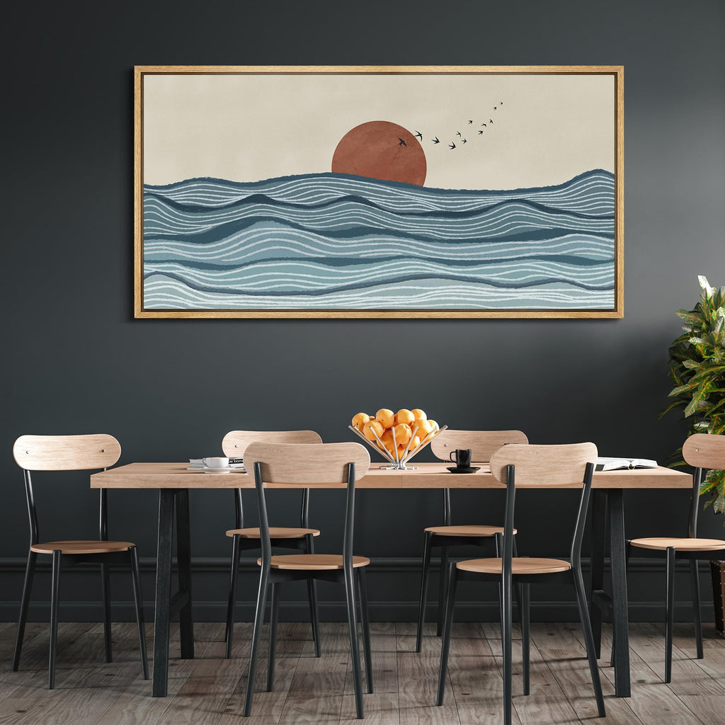 Extra Large Framed Canvas Print Wall Art Calm Seascape Ocean Waves and Setting Sun Illustrations Antique Retro Fine