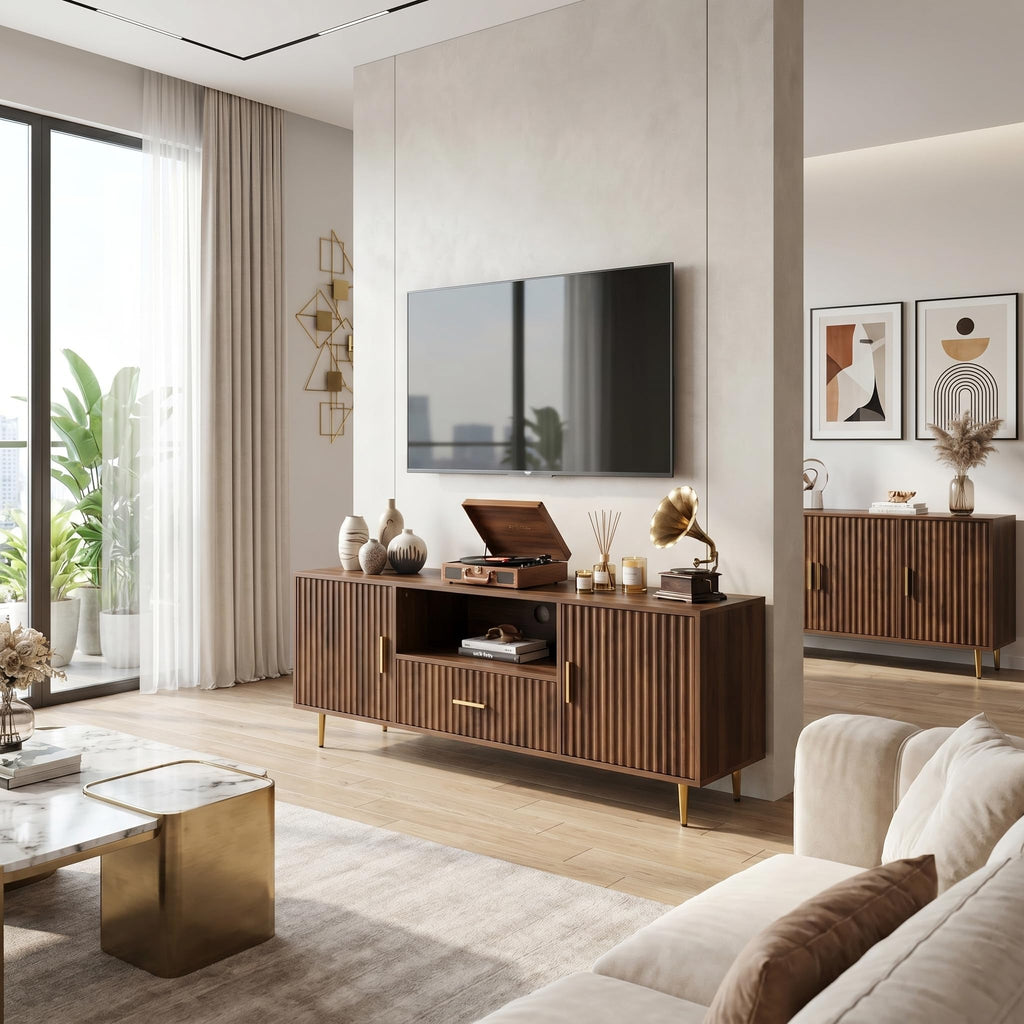 Luxury Fluted TV Stand, Entertainment Center for TVs Up to 65", Modern Media Console with Drawer and Cabinets, TV