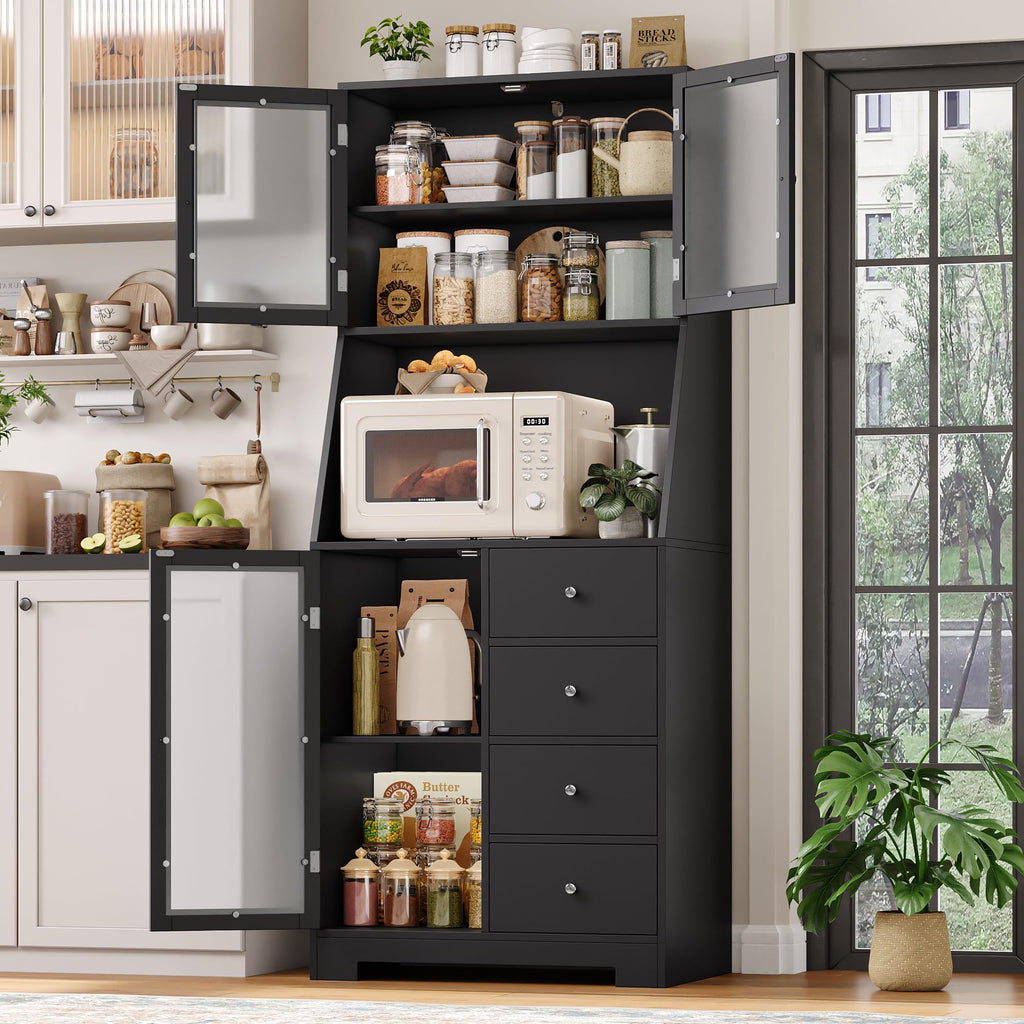 64'' Kitchen Pantry Storage Cabinet, Tall Kitchen Storage Cabinet with Microwave Stand, Hutch Cabinet with Adjustable