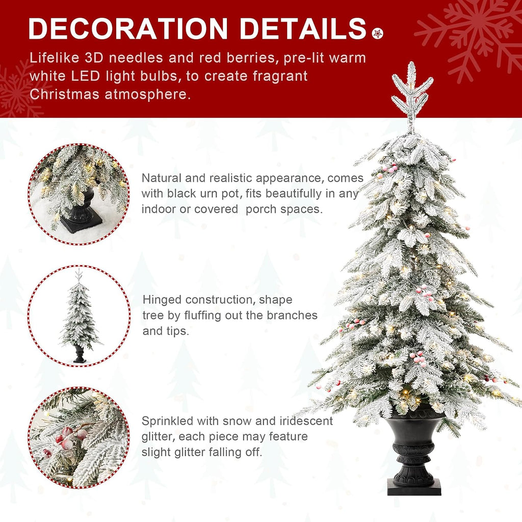 5ft Prelit Christmas Tree Set of 2, Artificial Christmas Trees with Lights, Flocked Fir Potted Christmas Porch Tree