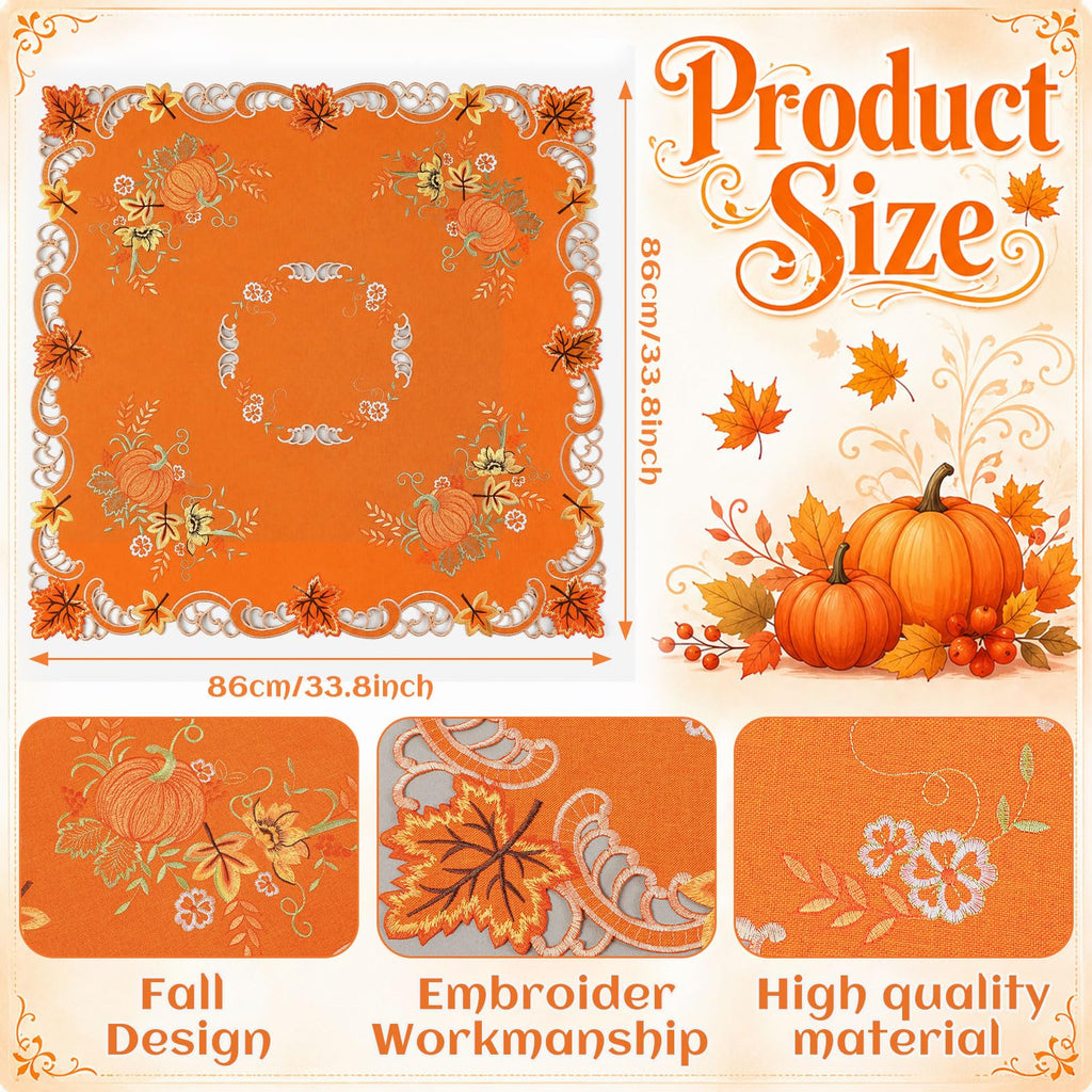 Fall Tablecloth Embroidered 34 in Square Rust Orange Autumn Decor