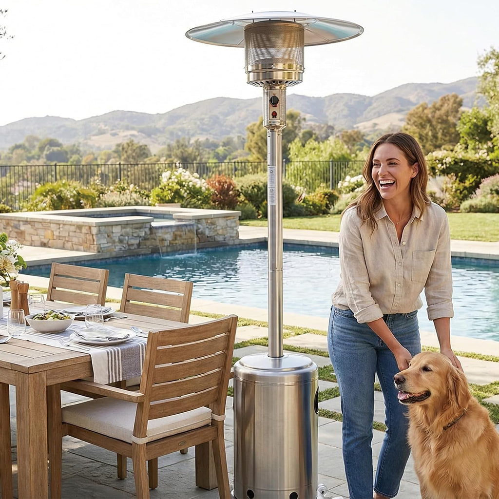 Propane Patio Heater 46,000 BTU with Stainless Steel Design and Wheels Ideal for Backyard, Garden