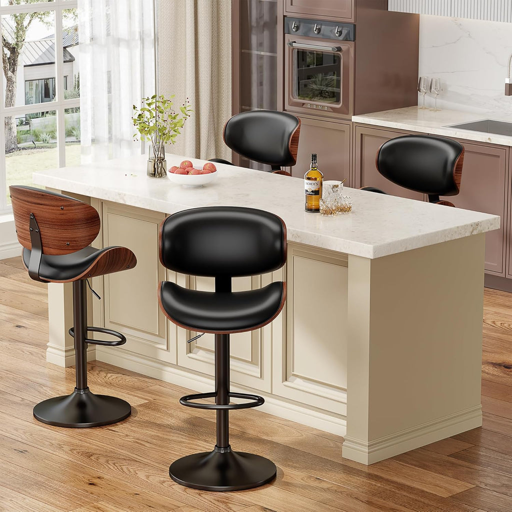 Swivel Bar Stools Set of 2 Counter, Adjustable Bentwood Barstools, Modern PU Leather Upholstered Bar Chair with Back