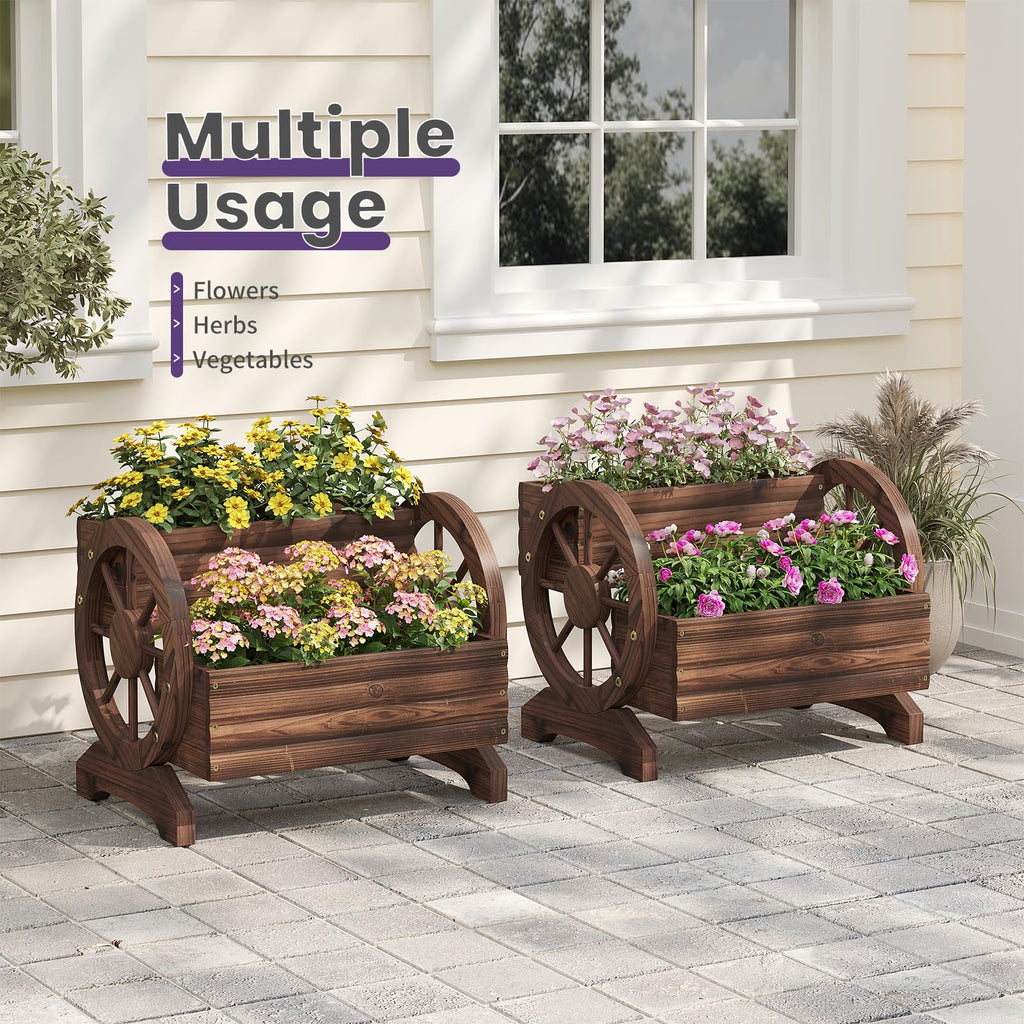 Wooden Wagon Planter Flower Cart Farm Stand Garden Decor Planter for Outdoor Patio Balcony Decoration, Rustic