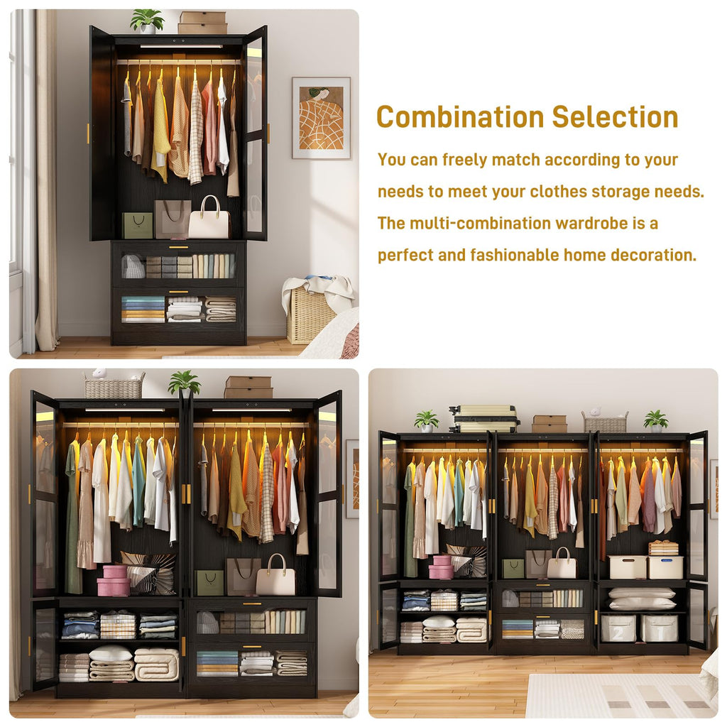 4 Doors Armoire Wardrobe Closet with LED and Mirror, 71" H Freestanding Wooden Wardrobe Closet Cabinet w 2