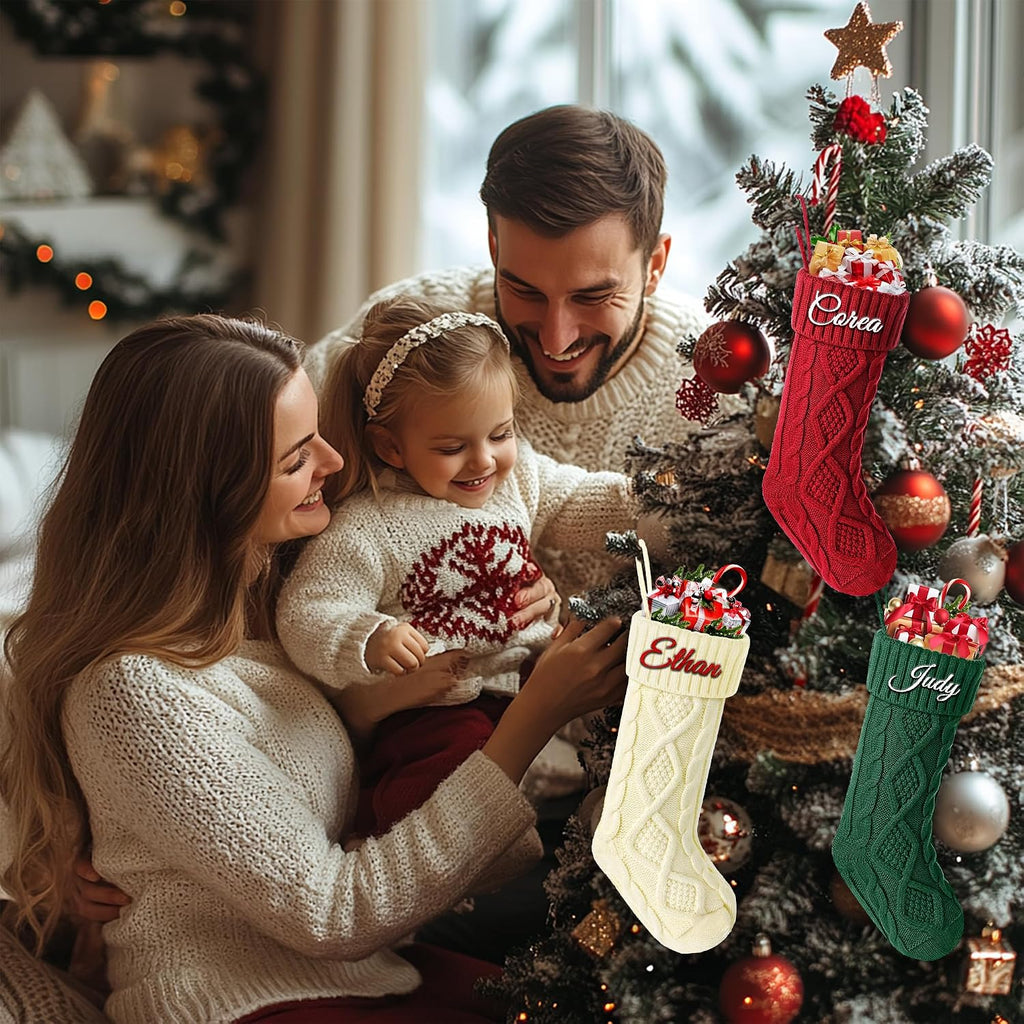 Christmas Stockings with Names, 18" Large Knitted Xmas Stocking for Family Kids, Fireplace Hanging Holiday - Set of 3