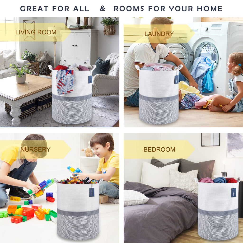 Tall Woven Blanket & Laundry Basket, 72L, Blend White & Gray