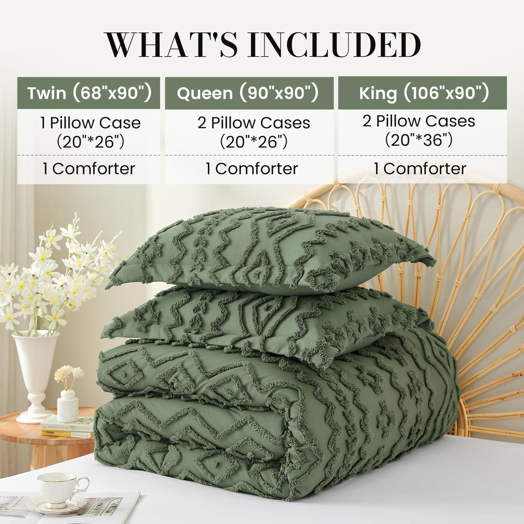 Tufted Boho Comforter Set Queen Size, 3 Pieces Soft Textured Bed Set, Lightweight Breathable Comforter for All