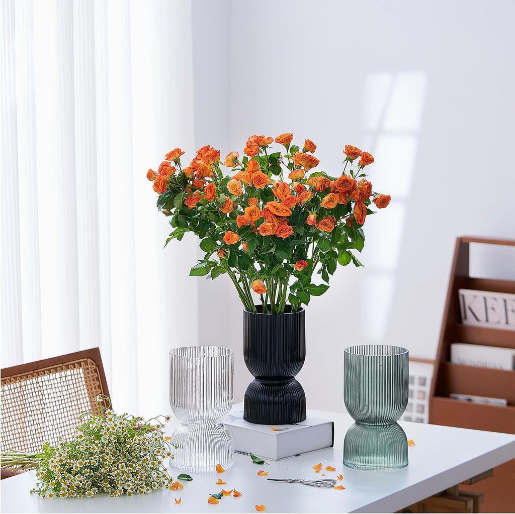 7.5 inch Vase for Flowers, Clear Ribbed Thickened Glass Vases, Hourglass Bud Flower Vase for Bookshelf, Dinner Table