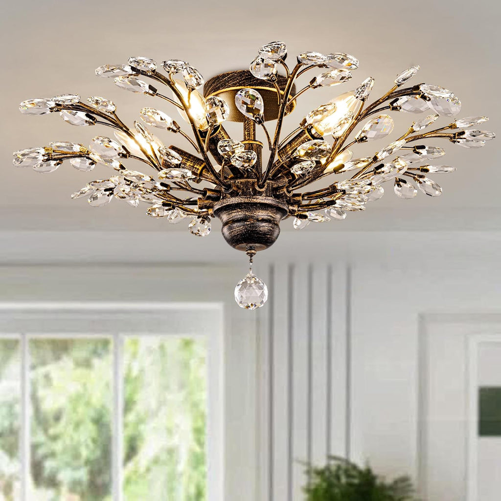 Vintage Crystal Ceiling Light Fixture, 5 Lights Bronze Semi Flush Mount Ceiling Light Fixture, Modern Farmhouse