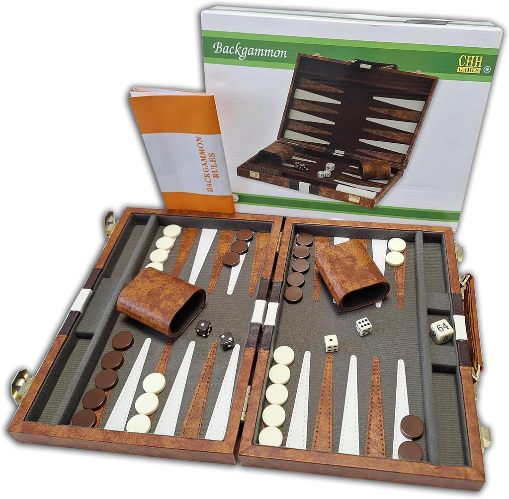 18-Inch Brown & White Vinyl Backgammon Set with Velour Interior, Sewn Points, Dice Cups and Doubling Cube.