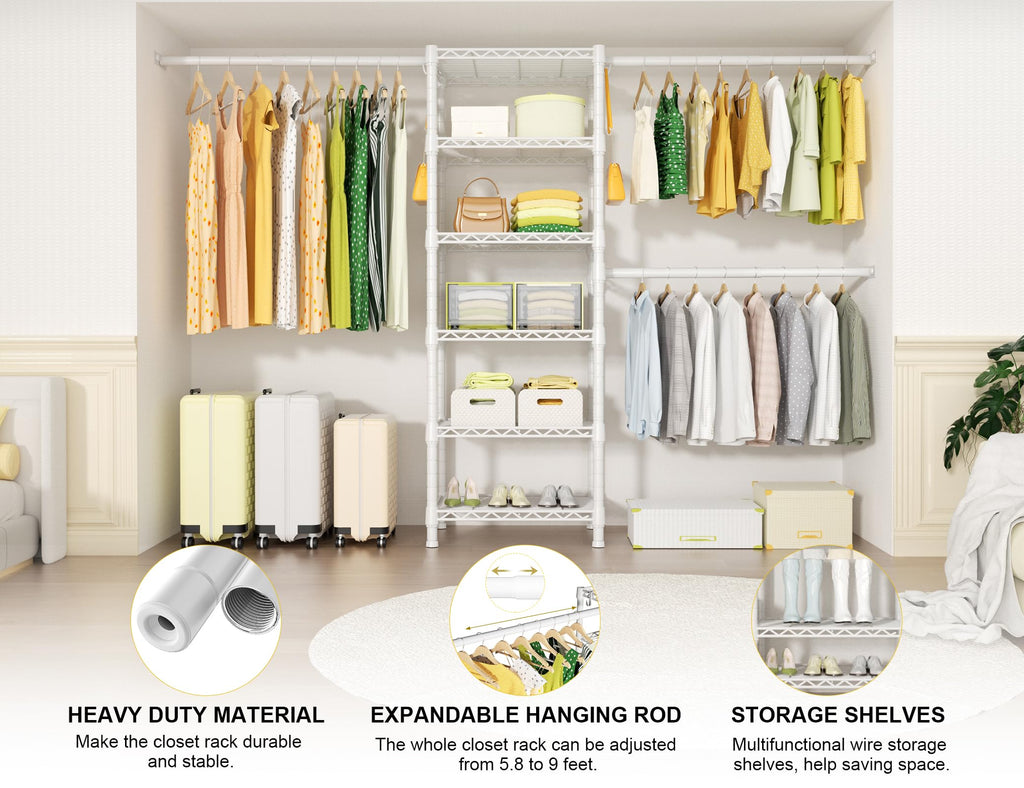 M5 Wall Mounted Clothes Garment Rack, Heavy Duty Closet Storage and Organizer with 6 Shelves and 3 Expandable Hanger