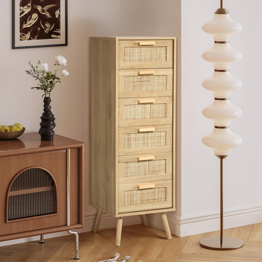 Rattan Dresser, Tall Dresser with 6 Hand Made Rattan Decorated Drawers, Small Chest of Drawers, Closet, Hallway