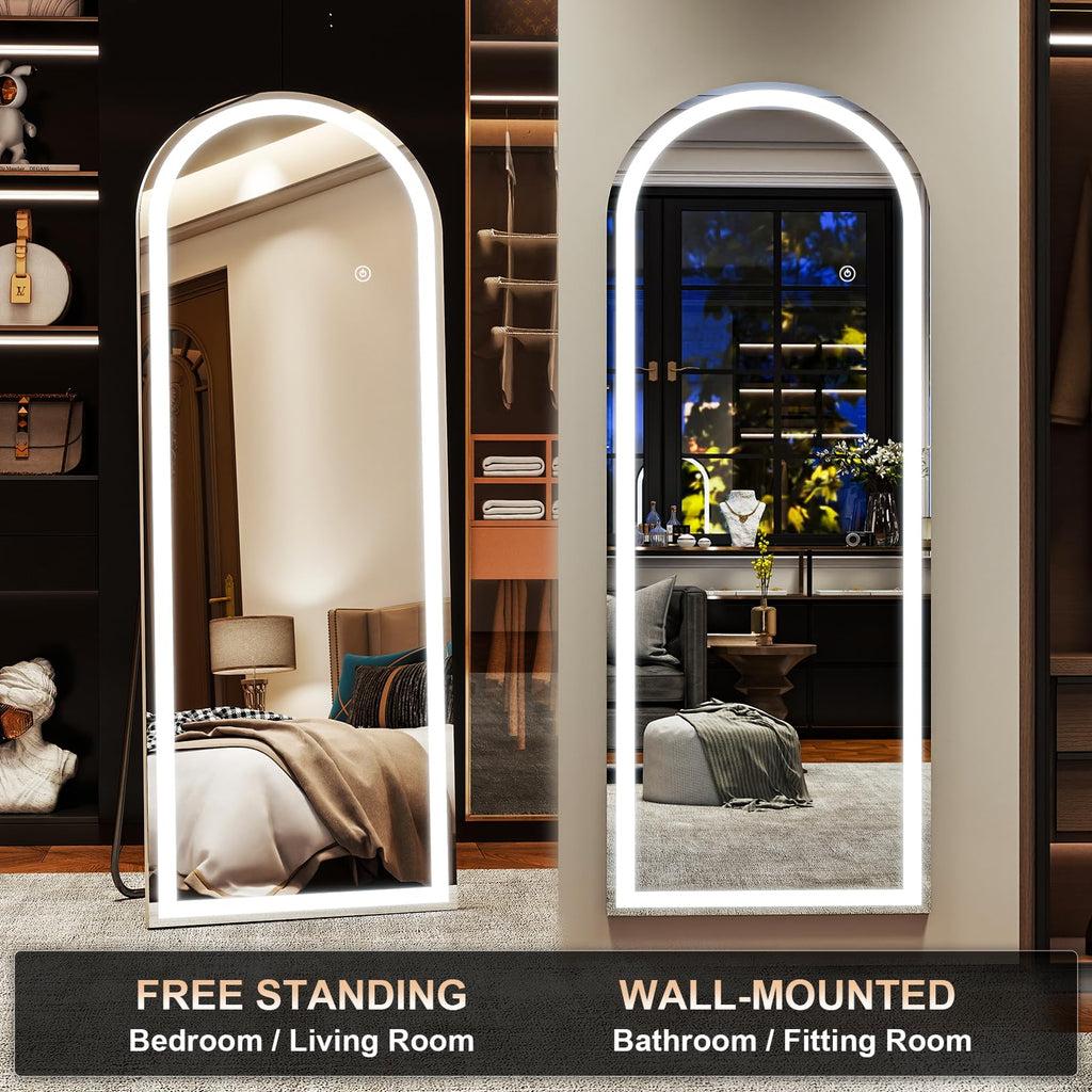 LED White Arched Full Length Mirror - 21" x 64" Adjustable Brightness, Touch Screen Controls, Wall Mounted or