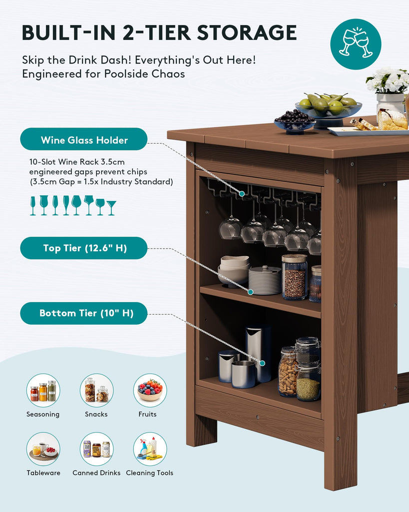Outdoor HDPE Counter-Height Bar Table with Storage Rack, Brown