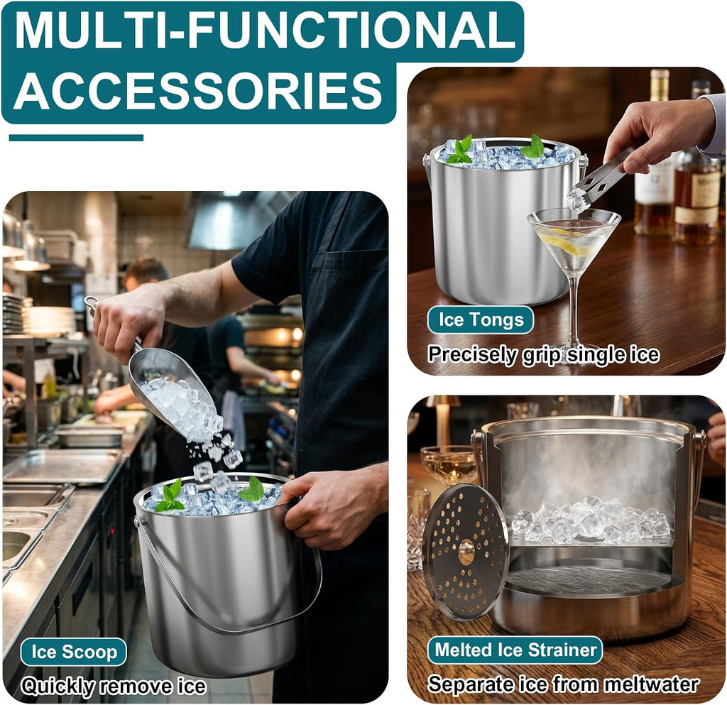 Ice Bucket for Parties, 3.4Qt/3.2L Double-Wall Stainless Steel Insulated Ice Bucket with Lid, Scoop, Tongs