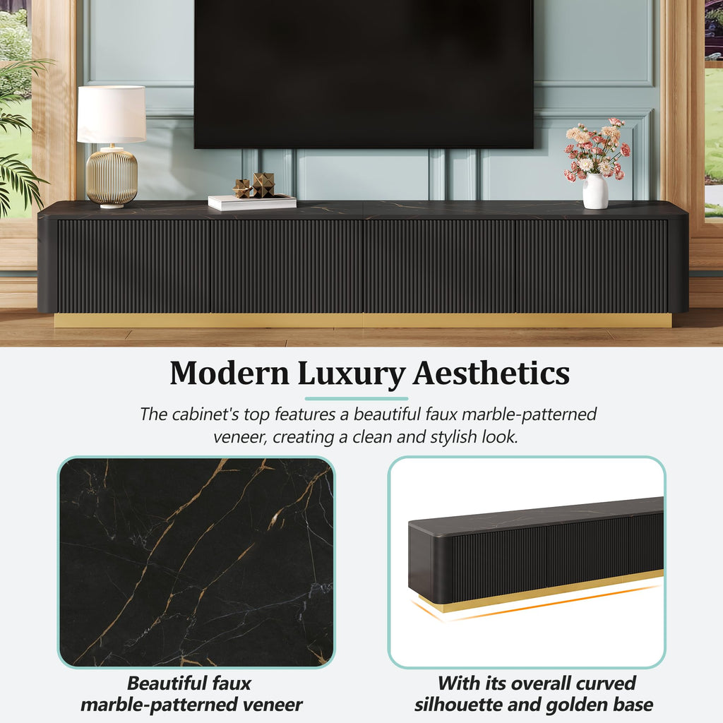 Modern Fluted TV Stand for TVs up to 85", Faux Marble Top, Black