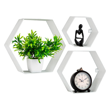 Hexagon Floating Shelves, Wall Decor, Honeycomb Accent Shelf, Office, Metal Mesh, 14" L x 4" W x 12" H, Set of 3