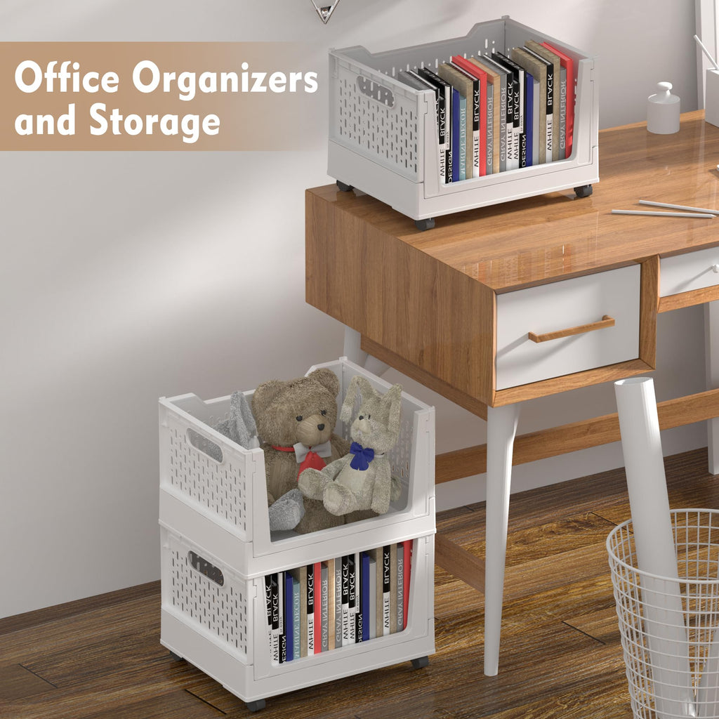 Stackable Plastic Storage Basket, 3 Pack Foldable Closet Organizers and Storage Bins with Wheels, Collapsible Drawer