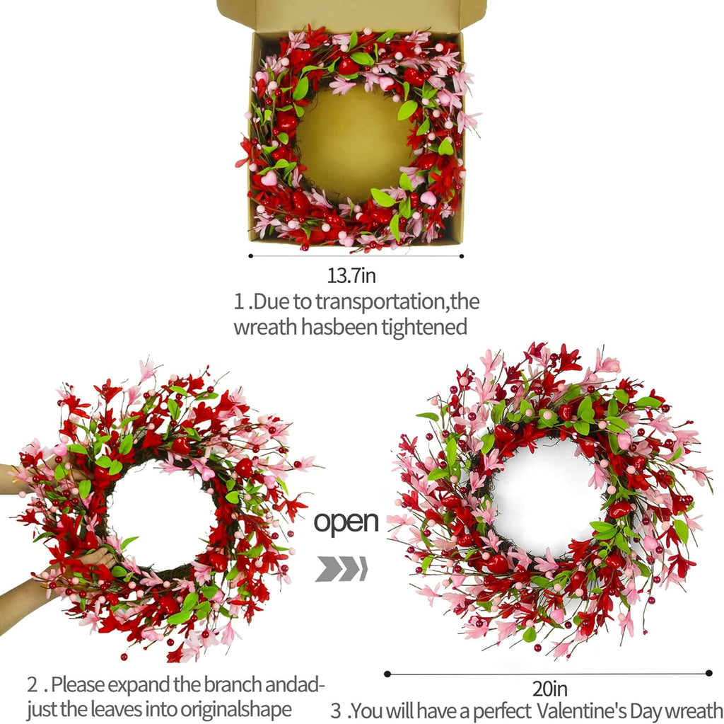 20 Inch Valentine's Day Wreath, Valentines Day Wreaths for Front Door with Pink Forsythia Flowers, Heart Shaped